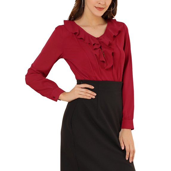 Allegra K Women's Ruffle V Neck Office Button Front Vintage Blouse
