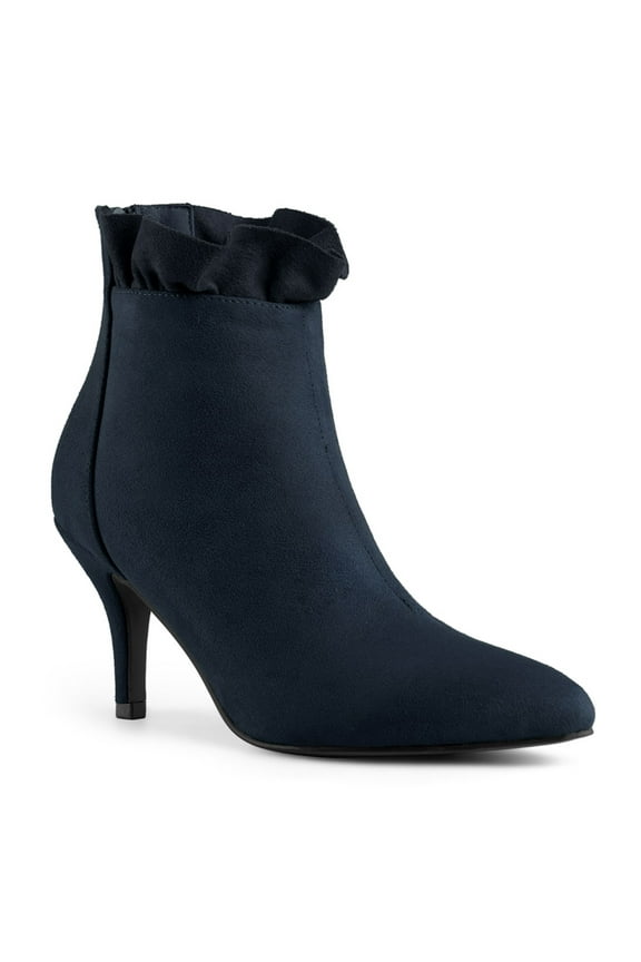 Women's Ankle Boots Faux Suede Pointed Toe Stiletto Heel Ruffle Back Zip Boots Navy Blue 7
