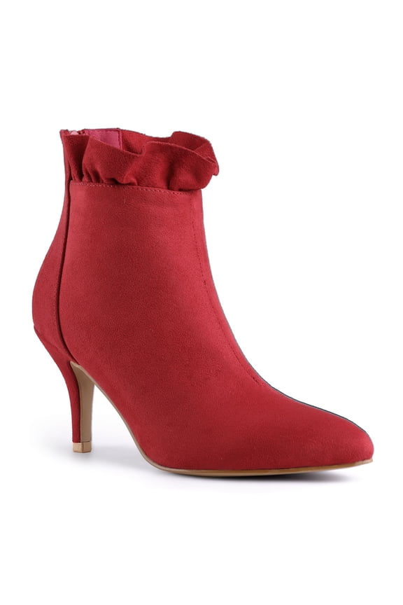 Women's Ankle Boots Faux Suede Pointed Toe Stiletto Heel Ruffle Back Zip Boots Red 7