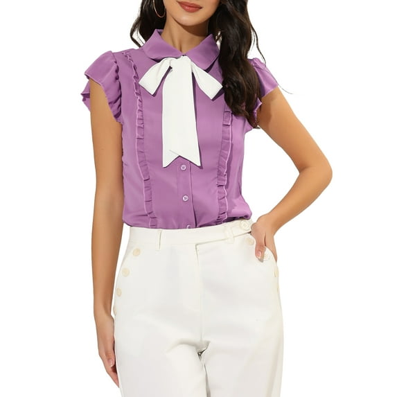 INSPIRE CHIC Women's Ruffled Bow Tie Peter Pan Collar Button Down Chiffon Shirt L Purple
