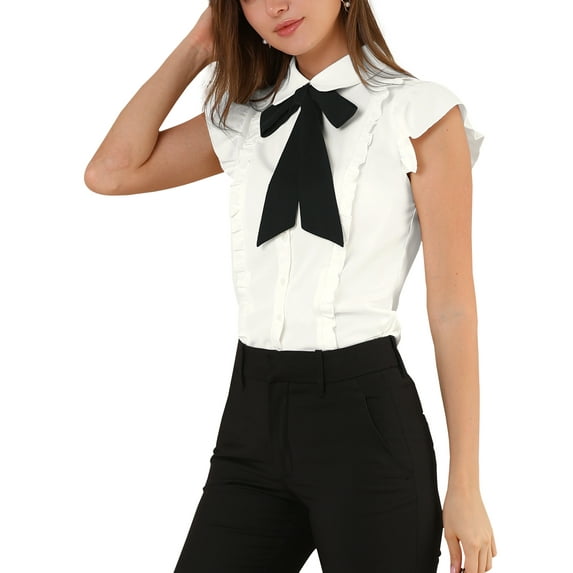 INSPIRE CHIC Women's Ruffled Bow Tie Peter Pan Collar Button Down Chiffon Shirt S White