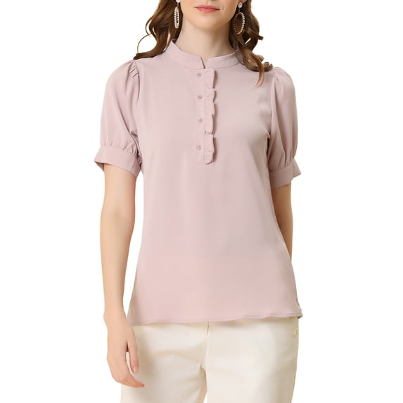 INSPIRE CHIC Women's Ruffled Button Down Shirt Short Sleeves Solid Work Office Blouse L Pink