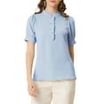 thumbnail image 1 of INSPIRE CHIC Women's Ruffled Button Down Shirt Short Sleeves Solid Work Office Blouse M Light Blue, 1 of 7