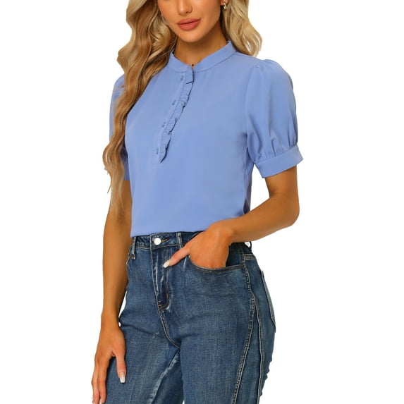 INSPIRE CHIC Women's Ruffled Button Down Shirt Short Sleeves Solid Work Office Blouse S Blue
