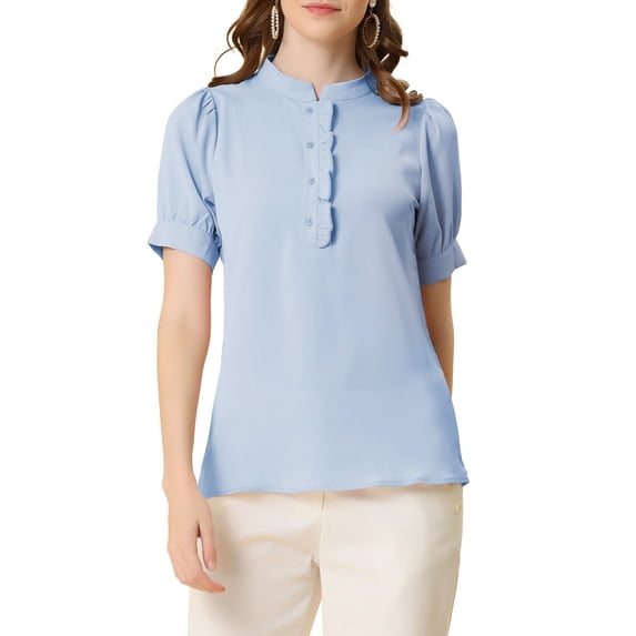 INSPIRE CHIC Women's Ruffled Button Down Shirt Short Sleeves Solid Work Office Blouse S Light Blue