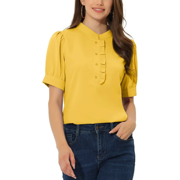 INSPIRE CHIC Women's Ruffled Button Down Shirt Short Sleeves Solid Work Office Blouse S Yellow