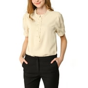 INSPIRE CHIC Women's Ruffled Button Down Shirt Short Sleeves Solid Work Office Blouse XL Apricot