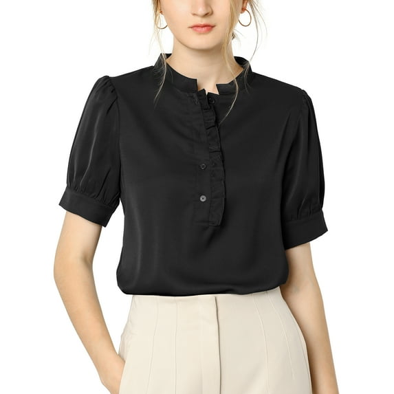 INSPIRE CHIC Women's Ruffled Button Down Shirt Short Sleeves Solid Work Office Blouse XL Black