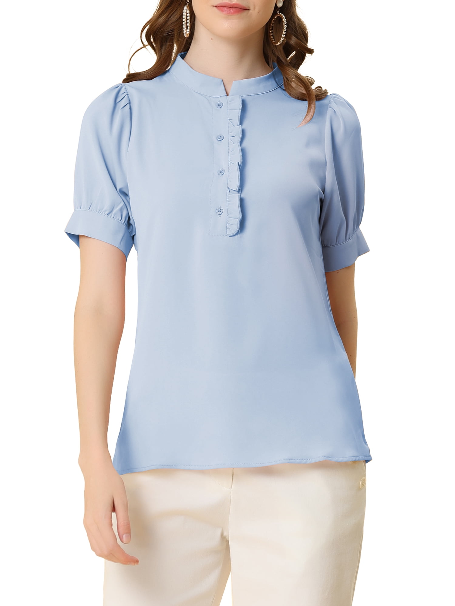 Allegra K Women's Ruffled Button Down Shirt Short Sleeves Solid Work