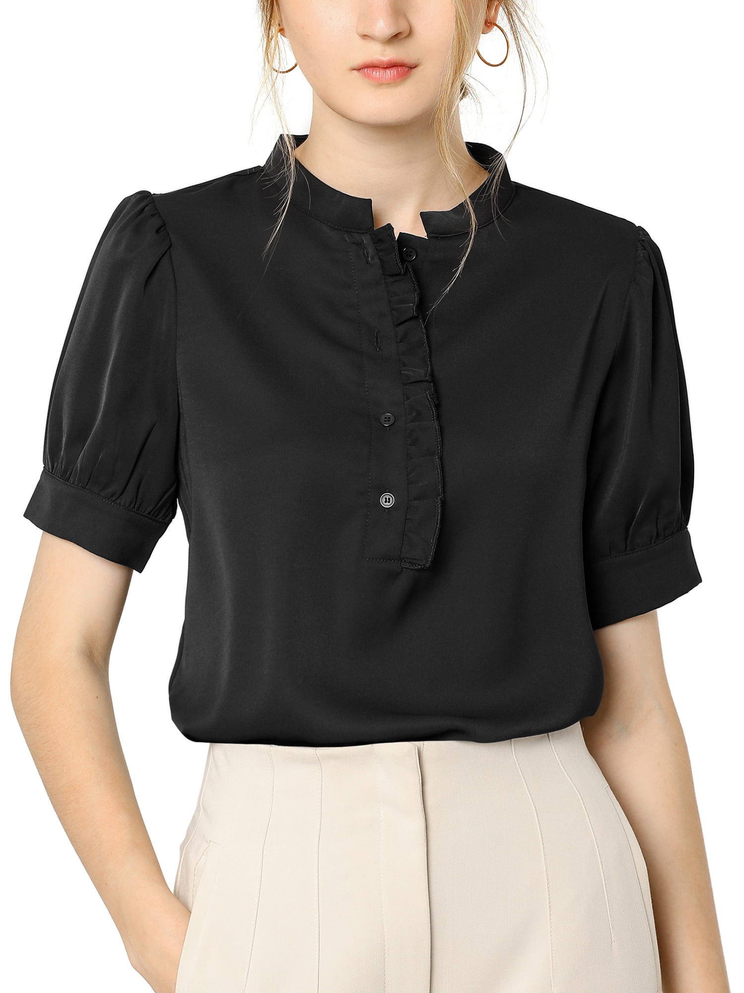 Allegra K Women's Ruffled Button Down Shirt Short Sleeves Solid Work