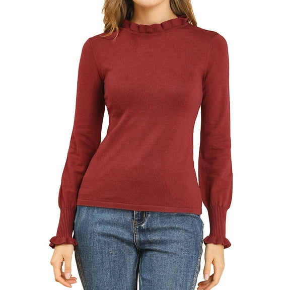 INSPIRE CHIC Women's Ruffled Collar Bishop Sleeve Slim Fit Pullover Sweaters Wine Red L