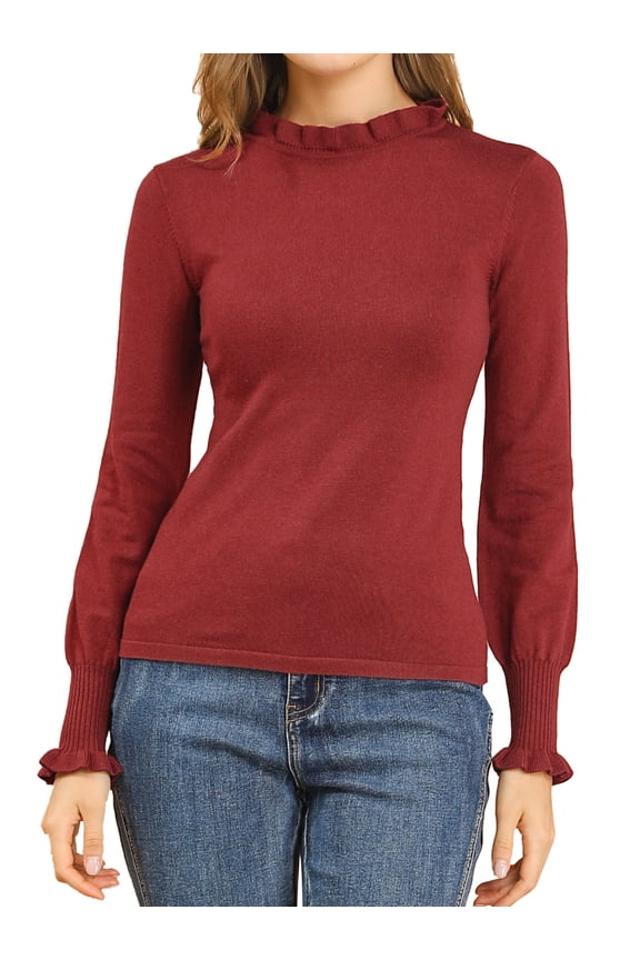 Women's Ruffled Collar Bishop Sleeve Slim Fit Pullover Sweaters Wine Red L