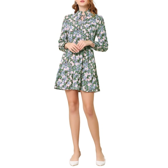 Allegra K Women's Ruffled Collar Long Sleeve Elastic Waist Ruffle Hem Floral Dress