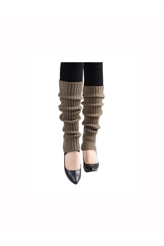 Women's Ruffled Cuff Over Knee Length Ribbed Knitted Leg Warmers Brown