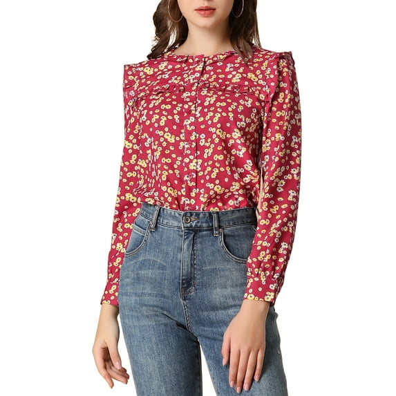 INSPIRE CHIC Women's Ruffled Floral Print Relax Fashionable Long Round Neck Shirt L Red