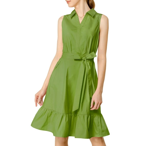 INSPIRE CHIC Women's Ruffled Hem Casual Sleeveless Cotton Solid Color Shirt Midi Dress with Belt S Green