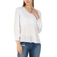 thumbnail image 1 of INSPIRE CHIC Women's Ruffled Long Puff Sleeves Blouses V Neck Solid Color Semi Sheer Tops M White, 1 of 7