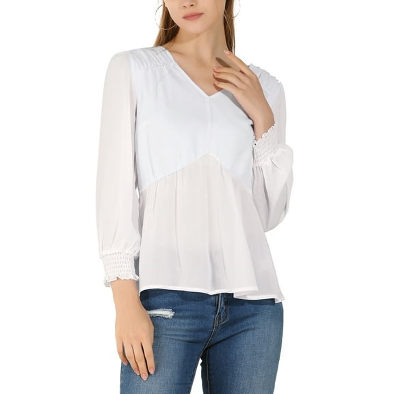 INSPIRE CHIC Women's Ruffled Long Puff Sleeves Blouses V Neck Solid Color Semi Sheer Tops White M