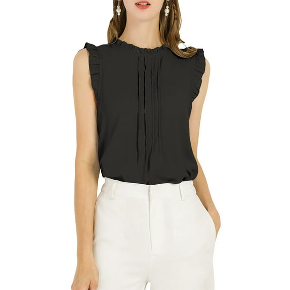 INSPIRE CHIC Mother's Day Women's Sleeveless Blouse Ruffled Pleated Wear-to-Work Chic Blouse L Black