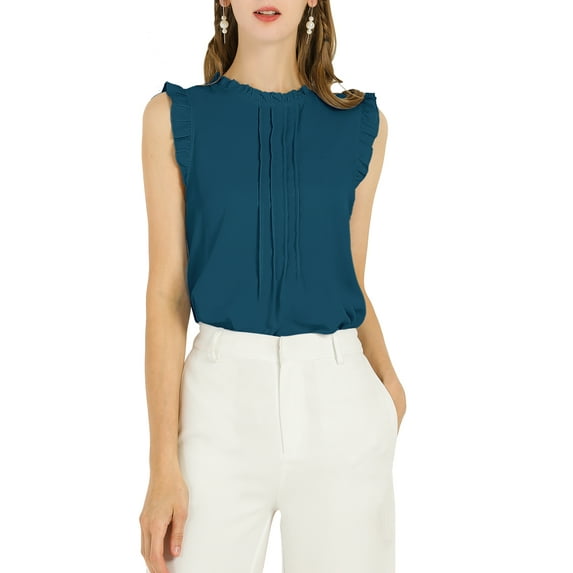 INSPIRE CHIC Women's Sleeveless Blouse Ruffled Pleated Wear-to-Work Chic Blouse L Blue Green