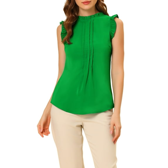 INSPIRE CHIC Women's Sleeveless Blouse Ruffled Pleated Wear-to-Work Chic Blouse M Green