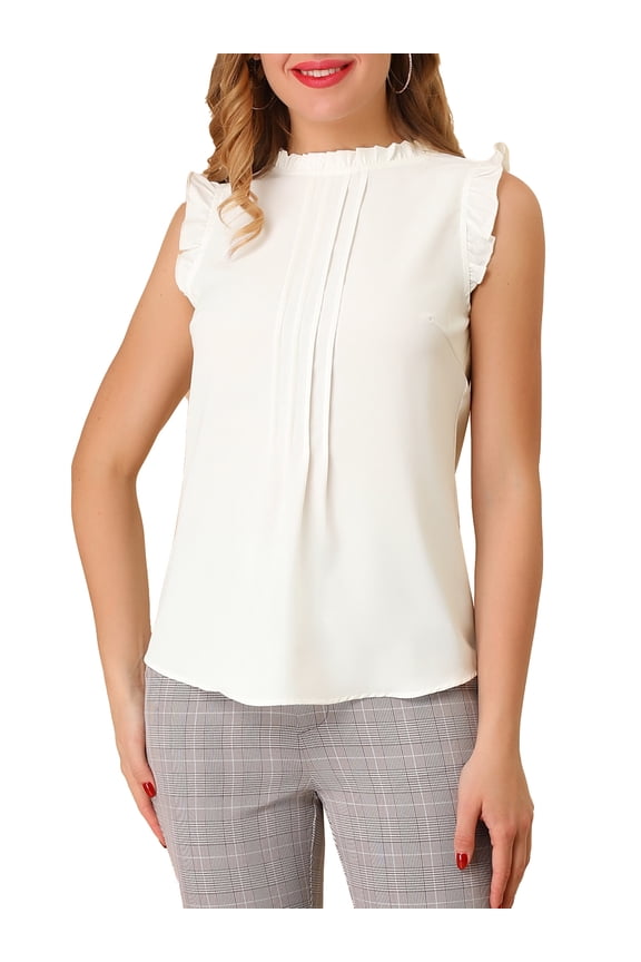 Inspired Women's Sleeveless Blouse Ruffled Pleated Wear-to-Work Chic Blouse M White