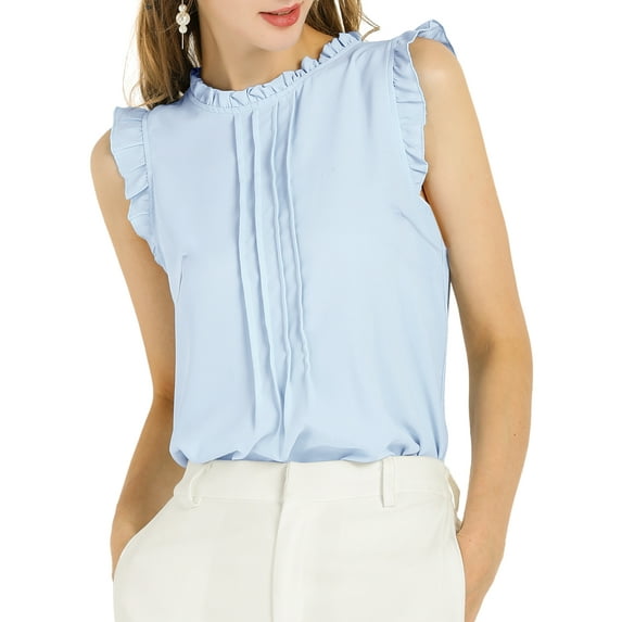 INSPIRE CHIC Women's Sleeveless Blouse Ruffled Pleated Wear-to-Work Chic Blouse S Blue