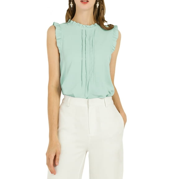 INSPIRE CHIC Women's Sleeveless Blouse Ruffled Pleated Wear-to-Work Chic Blouse XL Cyan