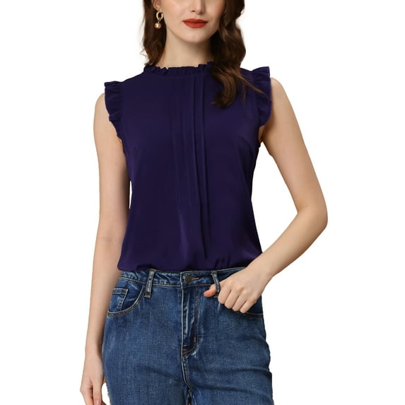 INSPIRE CHIC Women's Sleeveless Blouse Ruffled Pleated Wear-to-Work Chic Blouse XL Dark Blue