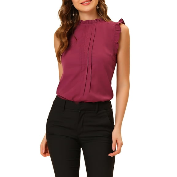 INSPIRE CHIC Women's Sleeveless Blouse Ruffled Pleated Wear-to-Work Chic Blouse XL Dark Red