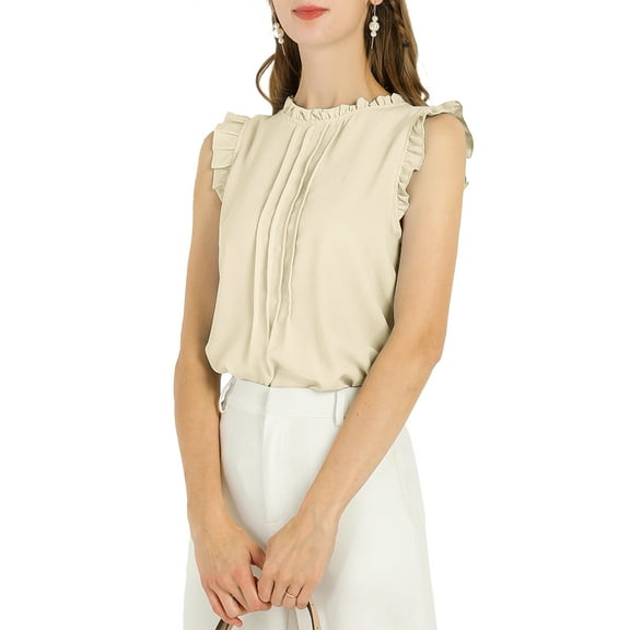 INSPIRE CHIC Women's Sleeveless Blouse Ruffled Pleated Wear-to-Work Chic Blouse XS Beige