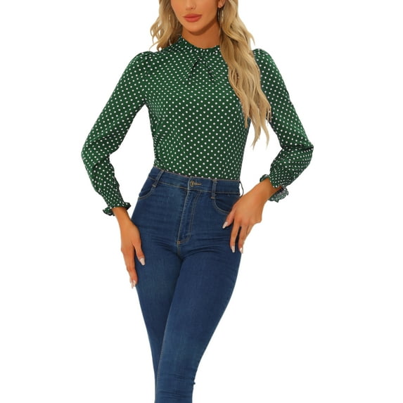 Allegra K Women's Ruffled Mock Neck Smocked Long Sleeve Printed Blouse