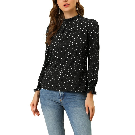 INSPIRE CHIC Women's Ruffled Mock Neck Smocked Long Sleeve Printed Blouse S Black-Dots