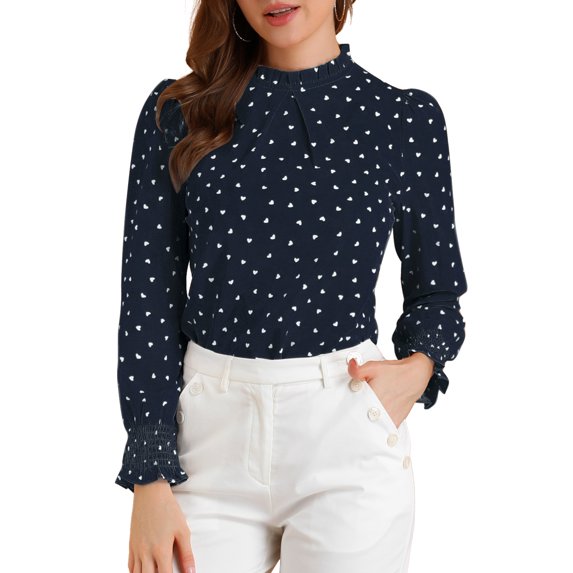 Allegra K Women's Ruffled Mock Neck Smocked Long Sleeve Printed Blouse