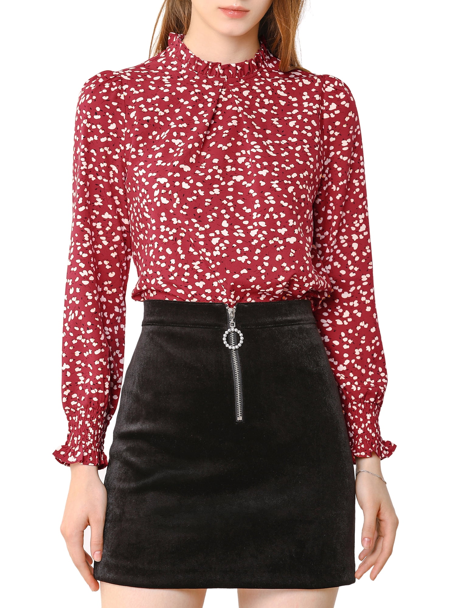 Ruffled Mock Neck Long Sleeve Blouse