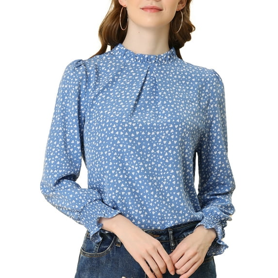 INSPIRE CHIC Women's Ruffled Mock Neck Smocked Long Sleeve Printed Blouse XS Blue Grey-Heart