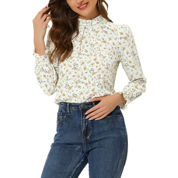 Allegra K Women's Ruffled Mock Neck Smocked Long Sleeve Printed Blouse
