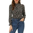 thumbnail image 1 of INSPIRE CHIC Women's Ruffled Mock Neck Smocked Long Sleeve Printed Blouse M Black Pink, 1 of 6