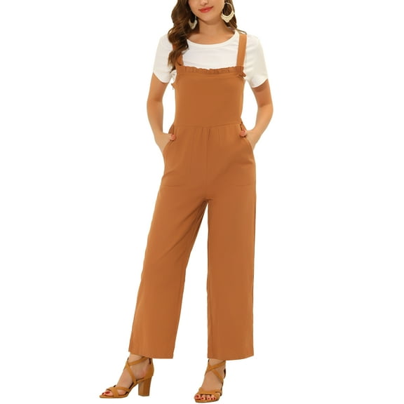 INSPIRE CHIC Women's Ruffled Neck Country Style Jumpsuits Brown M