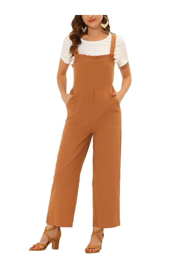 Women's Ruffled Neck Country Style Jumpsuits S Brown