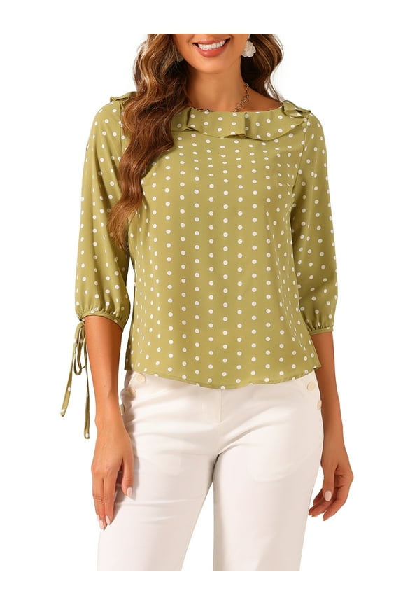 Women's Ruffled Neck Half Sleeve Sheer Summer Polka Dots Blouse Tops S Dusty Yellow