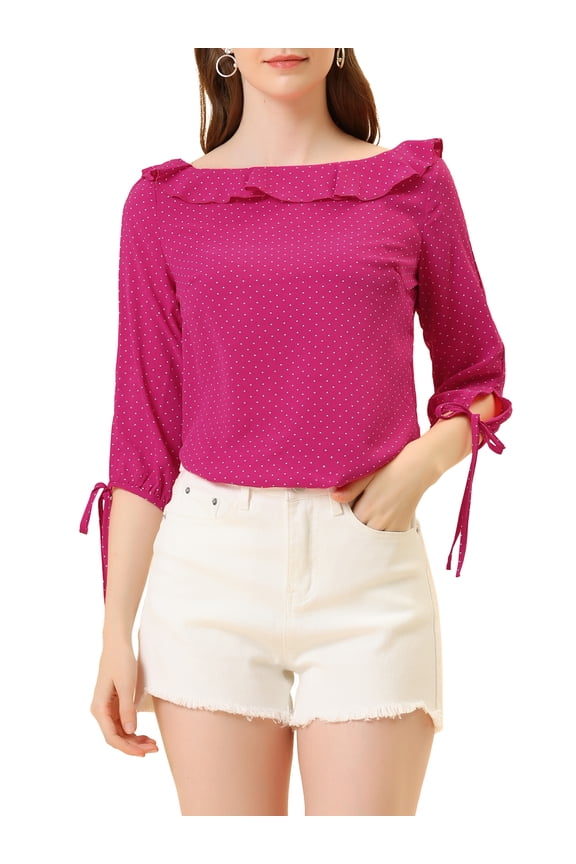 Women's Ruffled Neck Half Sleeve Sheer Summer Polka Dots Blouse Tops S Hot Pink