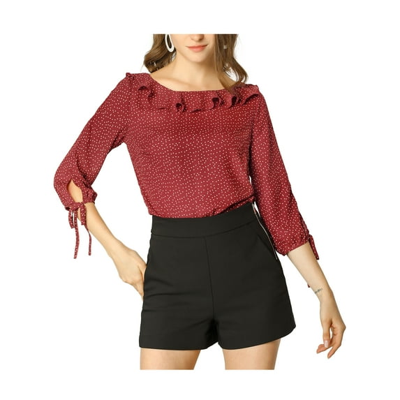 INSPIRE CHIC Women's Ruffled Neck Half Sleeve Sheer Summer Polka Dots Blouse Tops S Wine Red