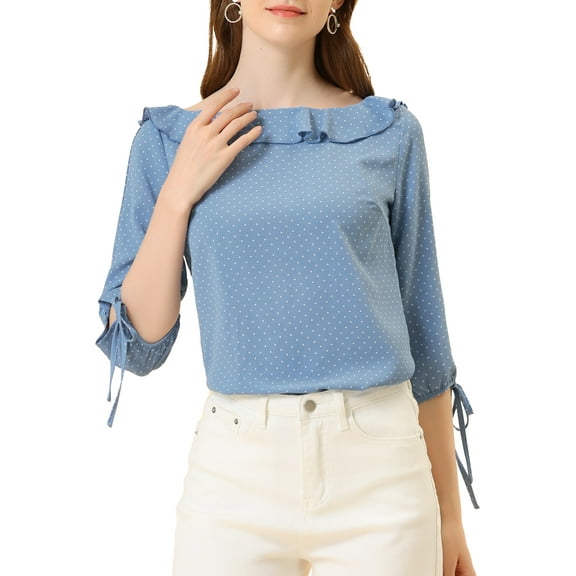 INSPIRE CHIC Women's Ruffled Neck Half Sleeve Sheer Summer Polka Dots Blouse Tops XS Dusty Blue