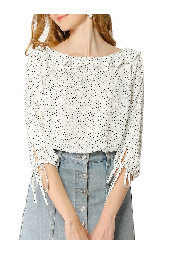 Women's Ruffled Neck Half Sleeve Sheer Summer Polka Dots Blouse Tops XS White