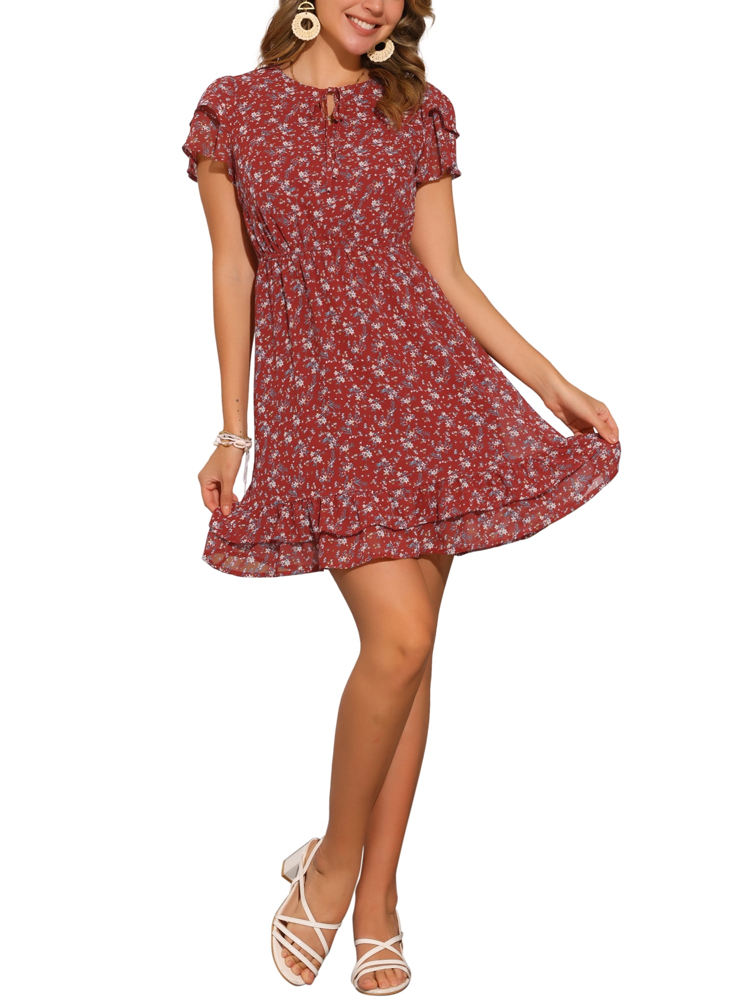 White Chiffon V-Neck Off-Shoulder Slip Dress With Ruffle Hem main image 1