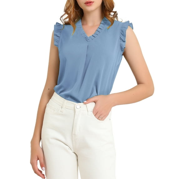 INSPIRE CHIC Women's Ruffled Sleeveless Pullover V- Neck Work Blouses Tops M Grey Blue