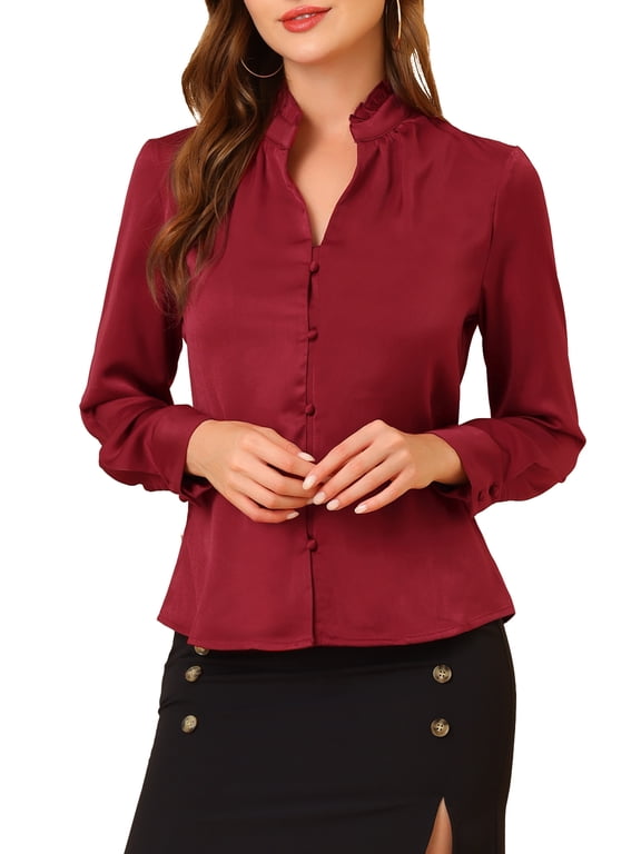 Women's Ruffled Stand Collar Long Sleeve Button Office Satin Shirt L Dark Red