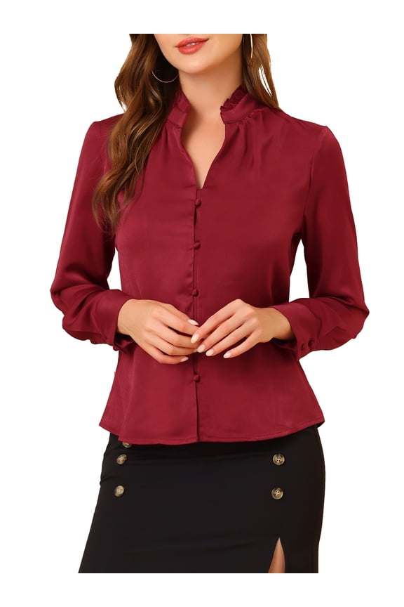 Women's Ruffled Stand Collar Long Sleeve Button Office Satin Shirt L Dark Red