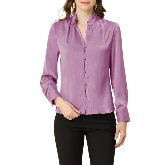 INSPIRE CHIC Women's Ruffled Stand Collar Long Sleeve Button Office Satin Shirt S Purple